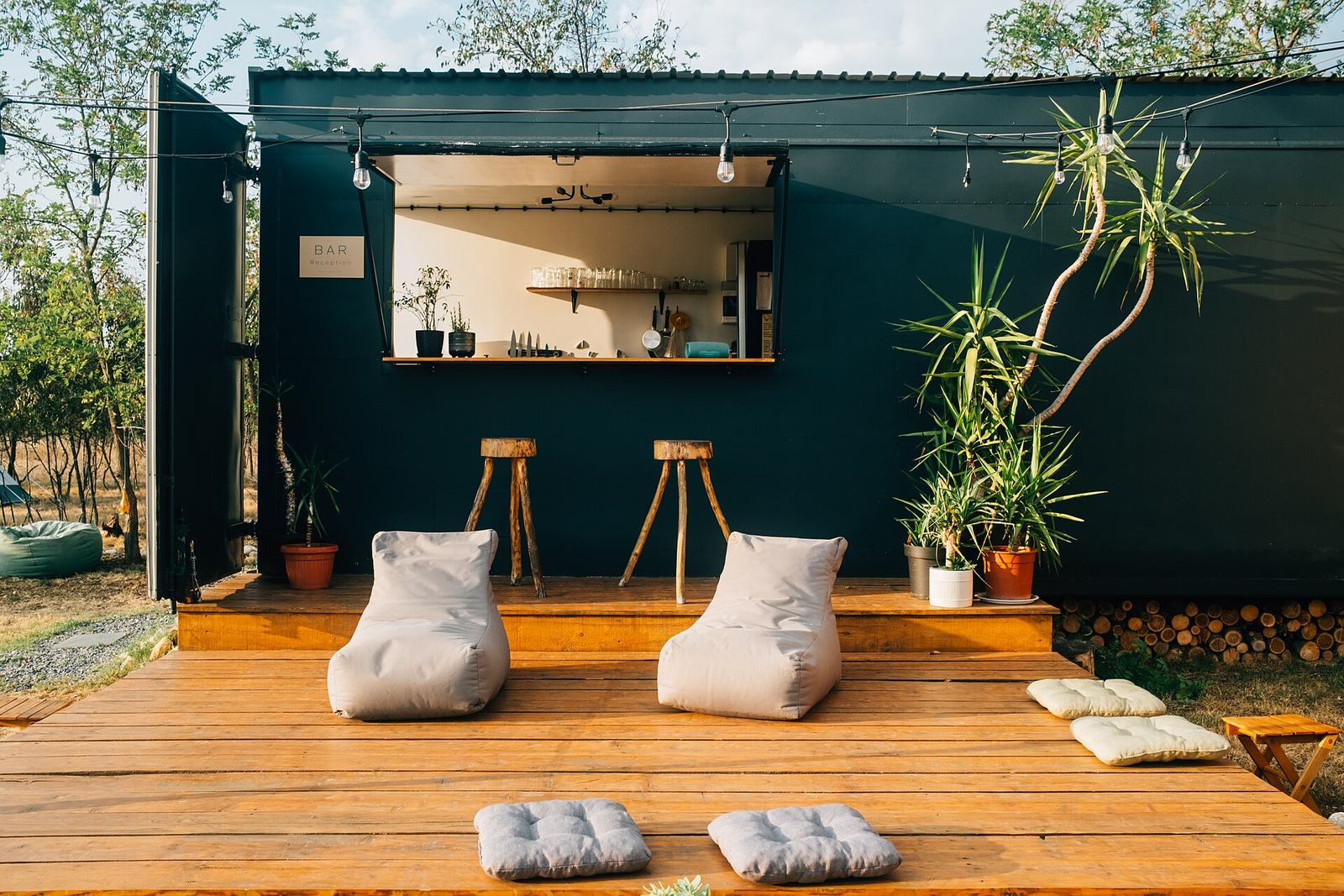 Raised wood deck with seating